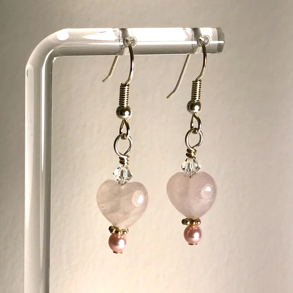 Handcrafted rose quartz heart earrings with crystal and pink pearls